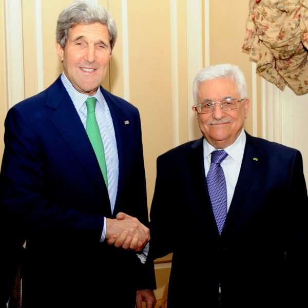 US Secretary John Kerry shakes the hand of President Mahmoud Abbas Kerry_Abbas