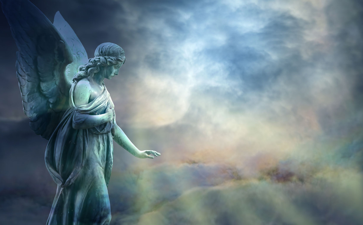 angel in heaven looking down, rays of light
