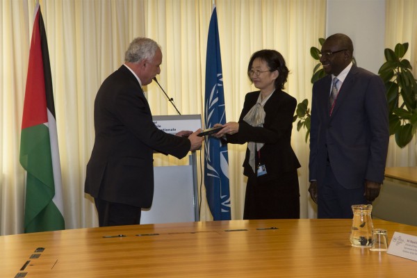 ICC-welcomes-Palestine-as-a-new-State-Party ICC presents Rome Statue to Palestinian Authority foreign affairs rep, Riad Almalki
