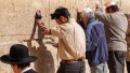Siddur-Jewish prayer at the Western (Wailing) Wall in Jerusalem. The man wearing tefillin (phylacteries) is reading from a Siddur.