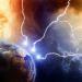 Dramatic image of lightnings striking earth.