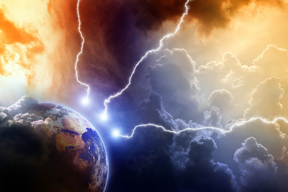 Dramatic image of lightnings striking earth.