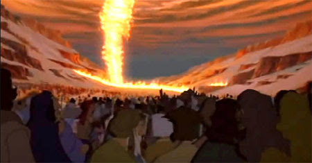 Scene from Prince of Egypt, depicting God’s presence in a pillar of fire lighting up the sky for the Israelites while also holding back the Egyptians.(YouTube capture)